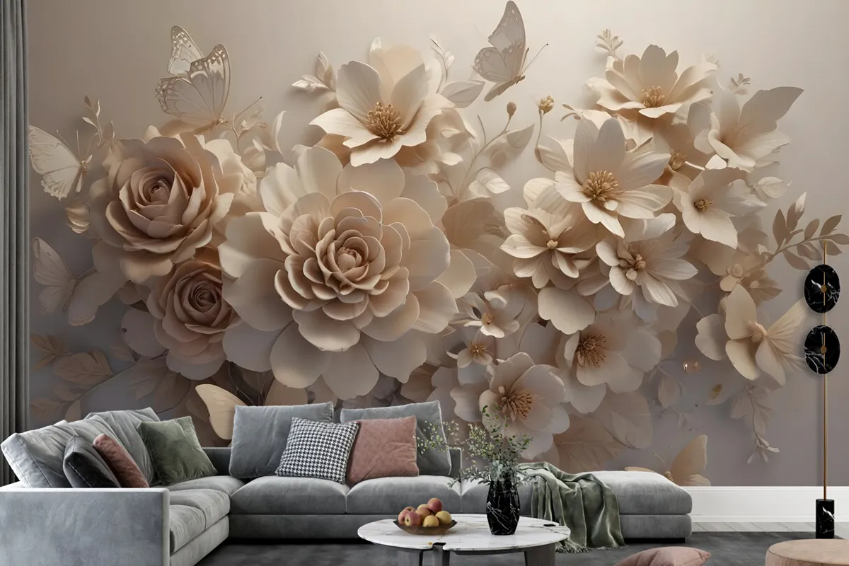 3D Look Faux Embossed Floral Wallpaper Mural