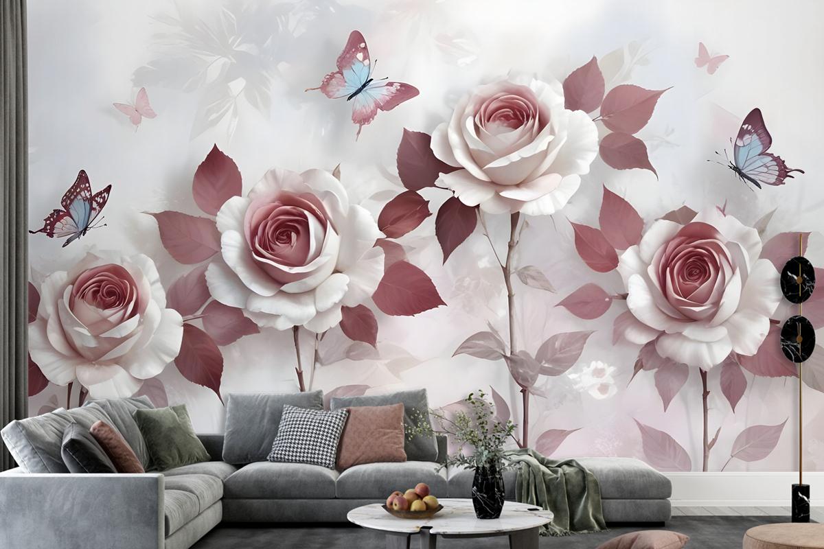 3D Look Floral With Little Butterfly Wallpaper Mural