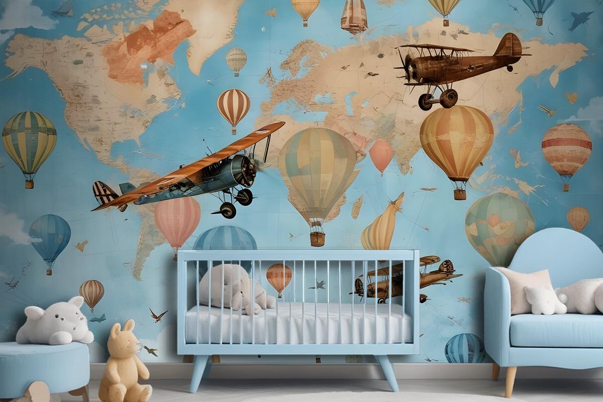 3D Look Kids World Map With Hot Air Balloon Wallpaper Mural