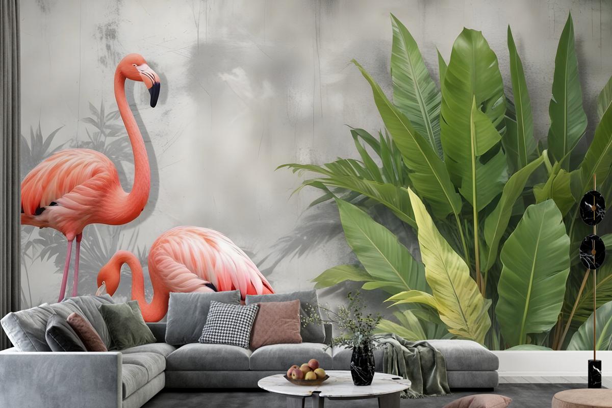 3D Look Pink Flamingo With Tropical Leaves Wallpaper Mural