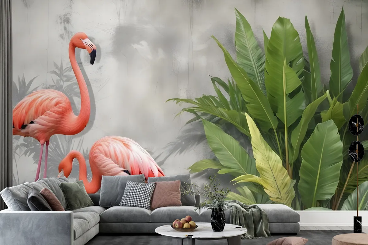 3D Look Pink Flamingo With Tropical Leaves Wallpaper Mural