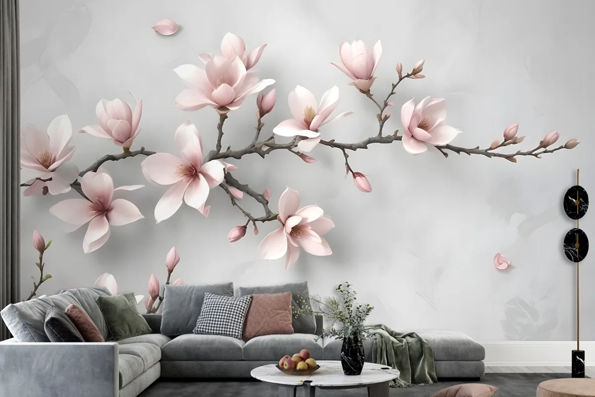 3D Look Pink Magnolia Blossom Wallpaper Mural