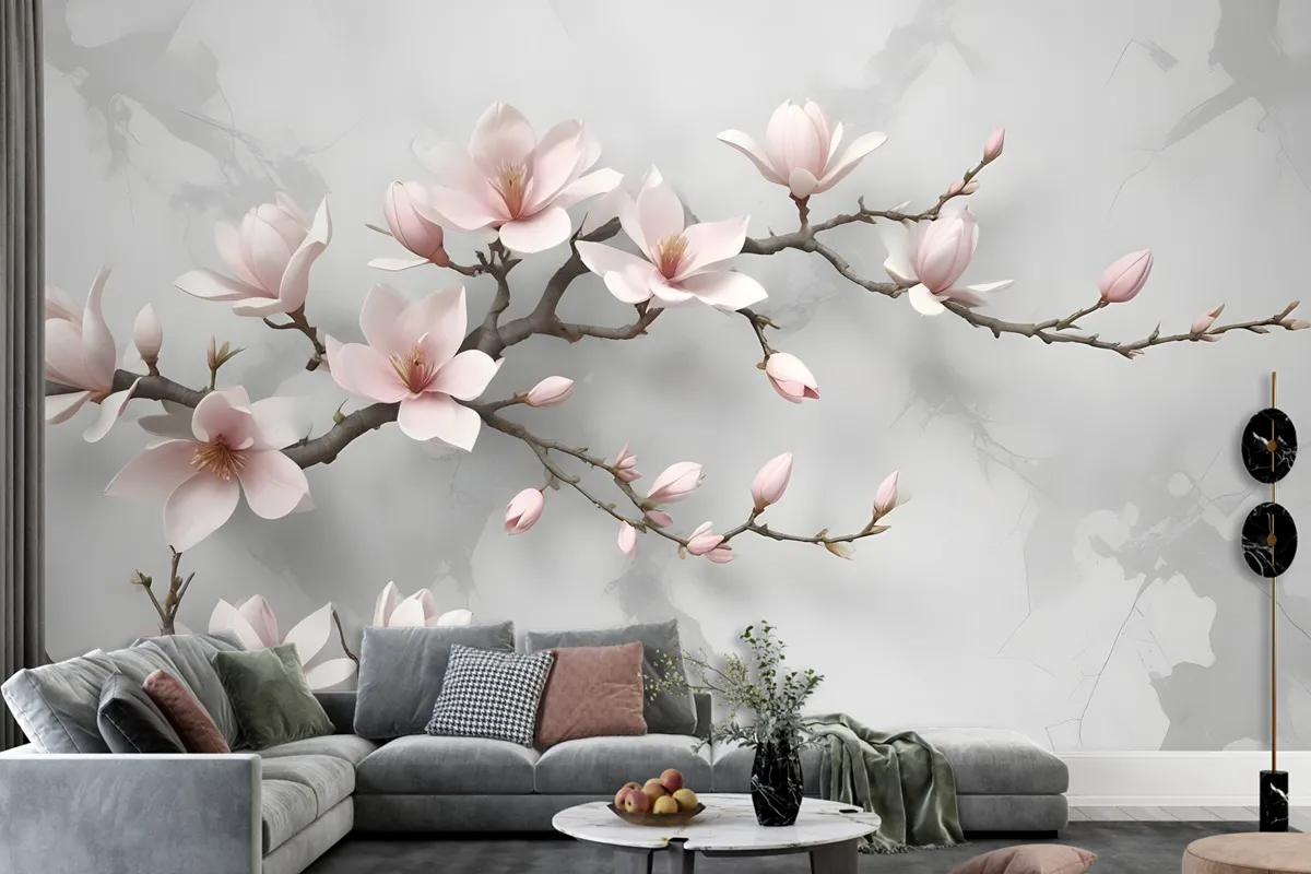 3D Look Pink Magnolia Blossom Wallpaper Mural