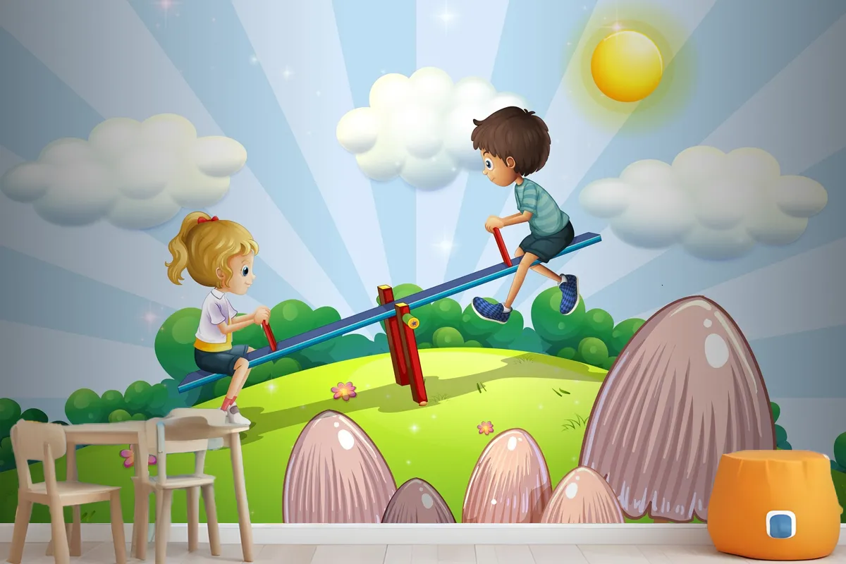 A Boy And A Girl Riding A Seesaw Wallpaper Mural