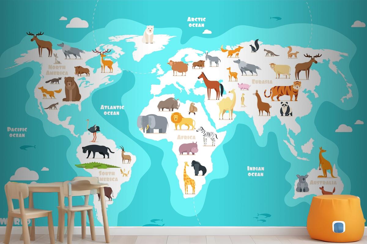 World Map With Animals Earth Discovery Funny Kids Geography Wallpaper Mural