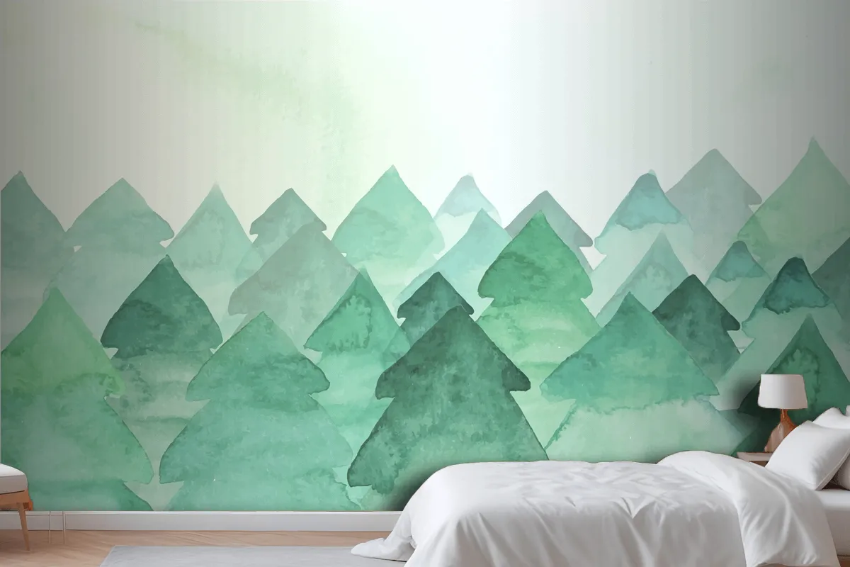 Watercolor Painting With Fir Trees Wallpaper Mural