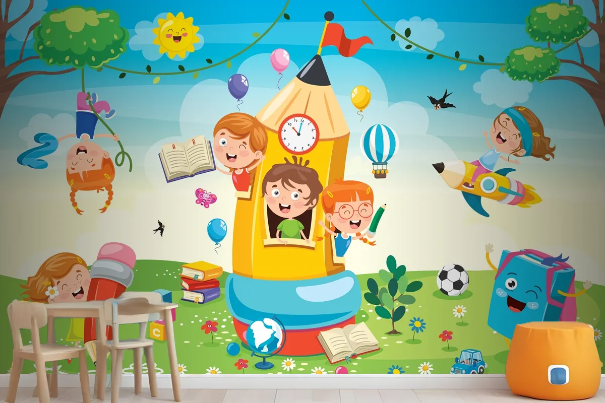 Cute Children Playing At Pencil House Wallpaper Mural