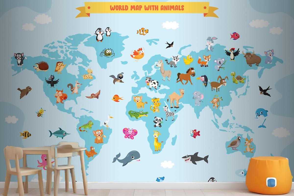 World Map With Cartoon Animals Wallpaper Mural