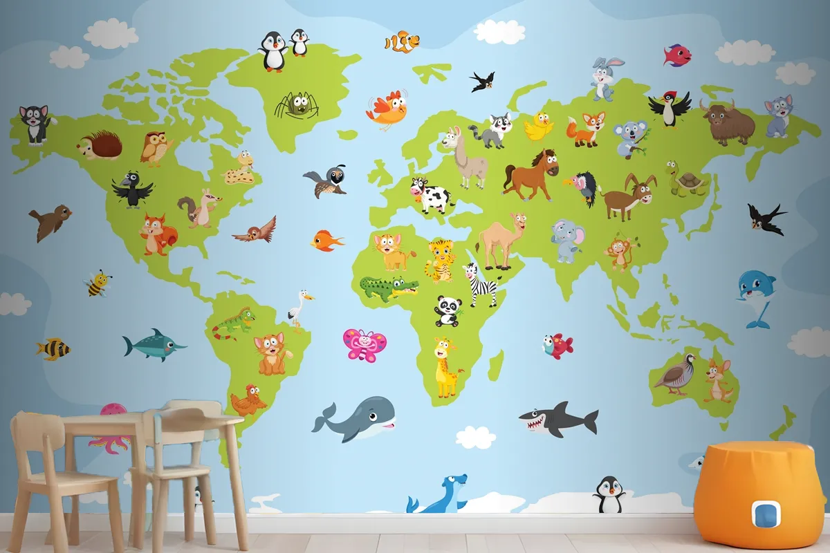 World Map With Cartoon Animals Wallpaper Mural