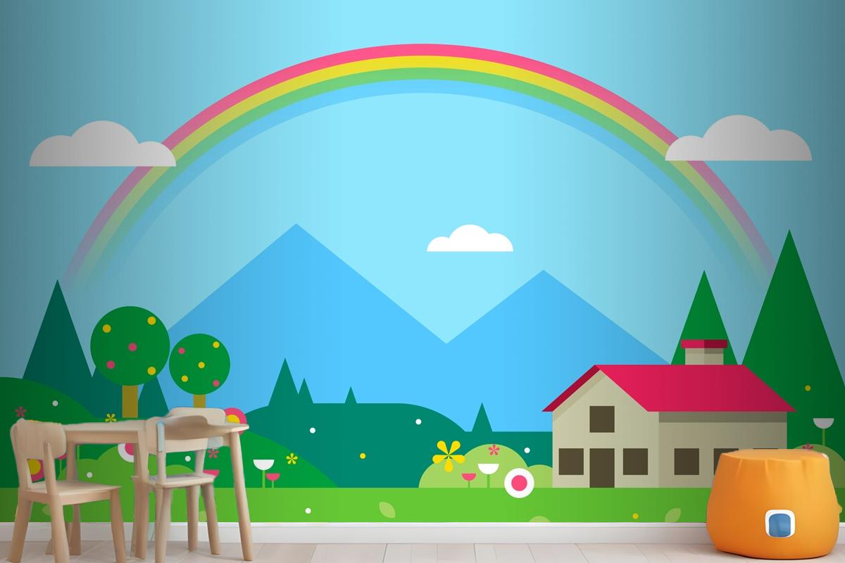 Spring Landscape With House And Rainbow Wallpaper Mural