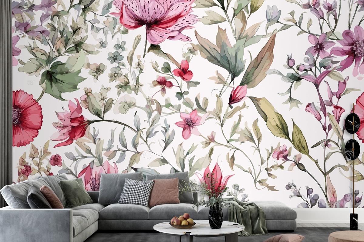 Colourful Floral Background With Leaves Wallpaper Mural