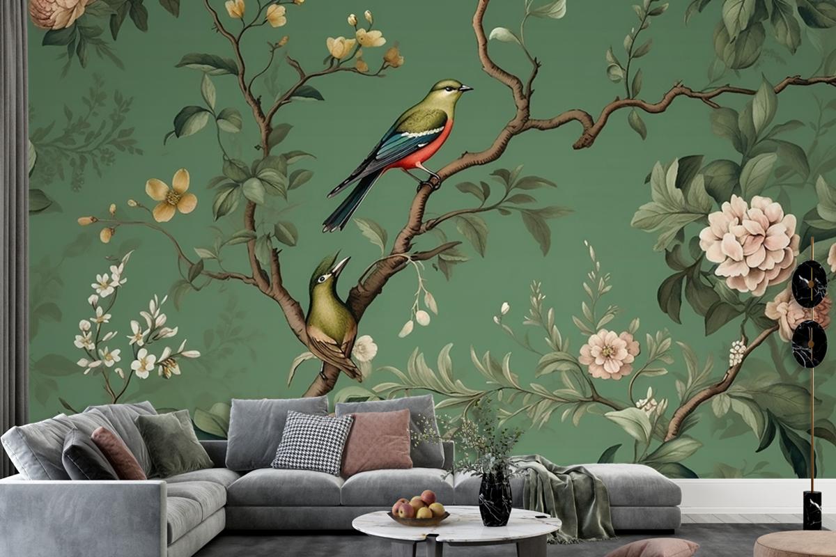 Flowers Branches Birds Golden Brushstrokes Wallpaper Mural