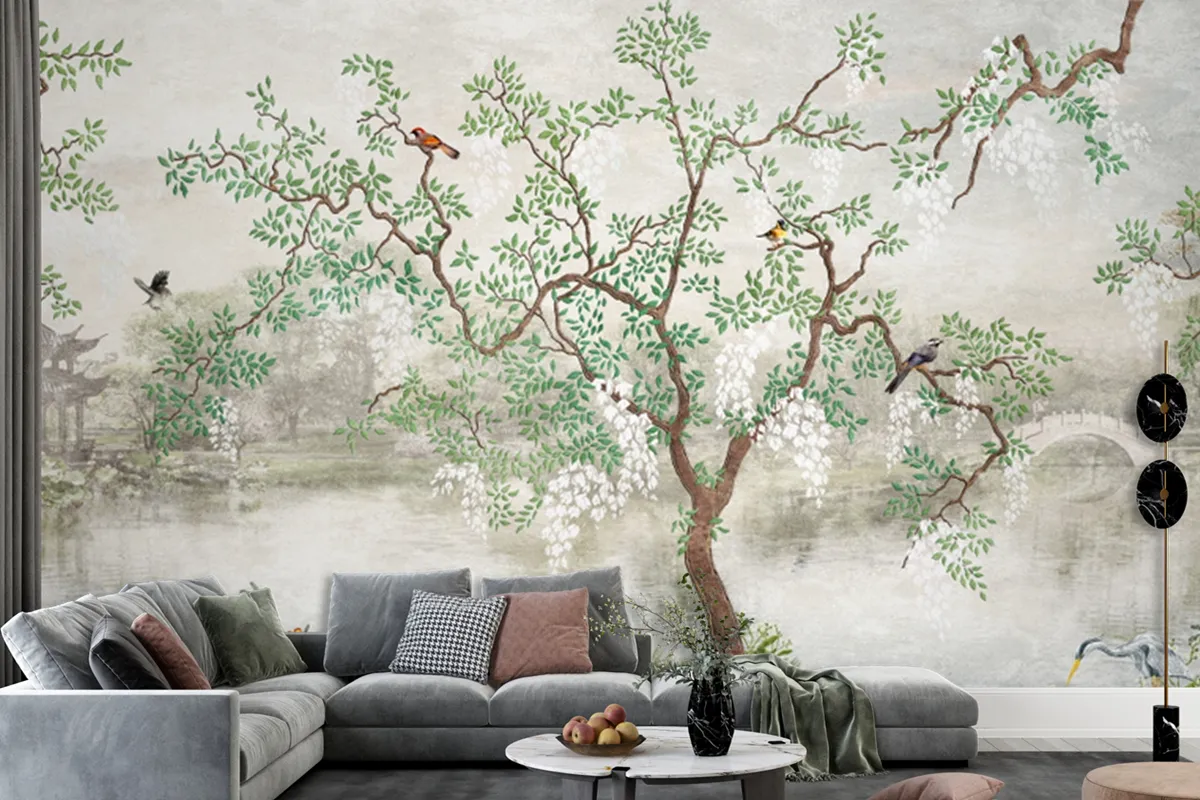 Tree By The Lake Misty Landscape Birds In Japanese Garden Wallpaper Mural