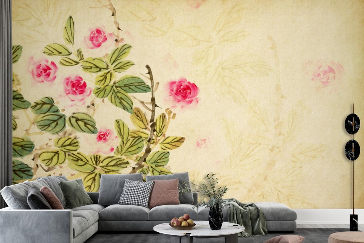 Chinese Traditional Painting Of Rose Flower On Old Paper Wallpaper Mural