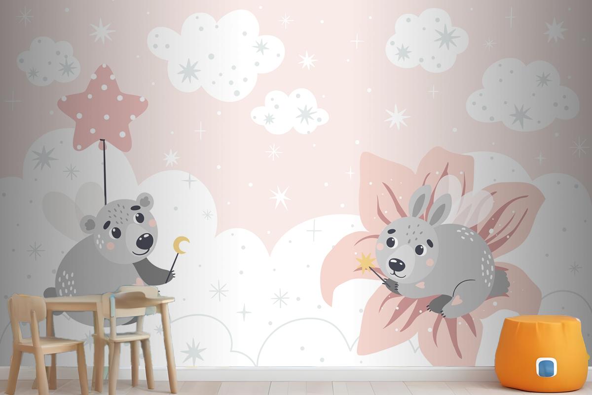 Cute Fairytale Animals On The Clouds Suitable For Printing Wallpaper Mural