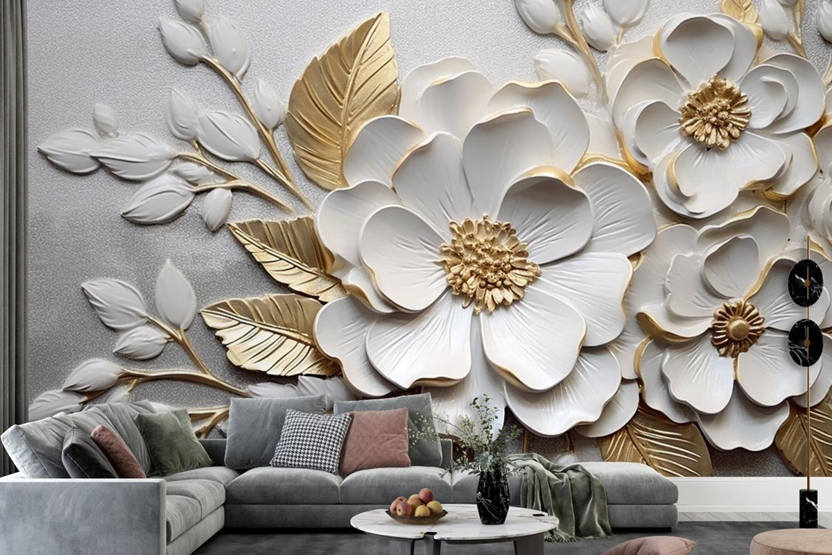 Abstract Artistic Flowers Branches Gold And Canvas Painting Wallpaper Mural