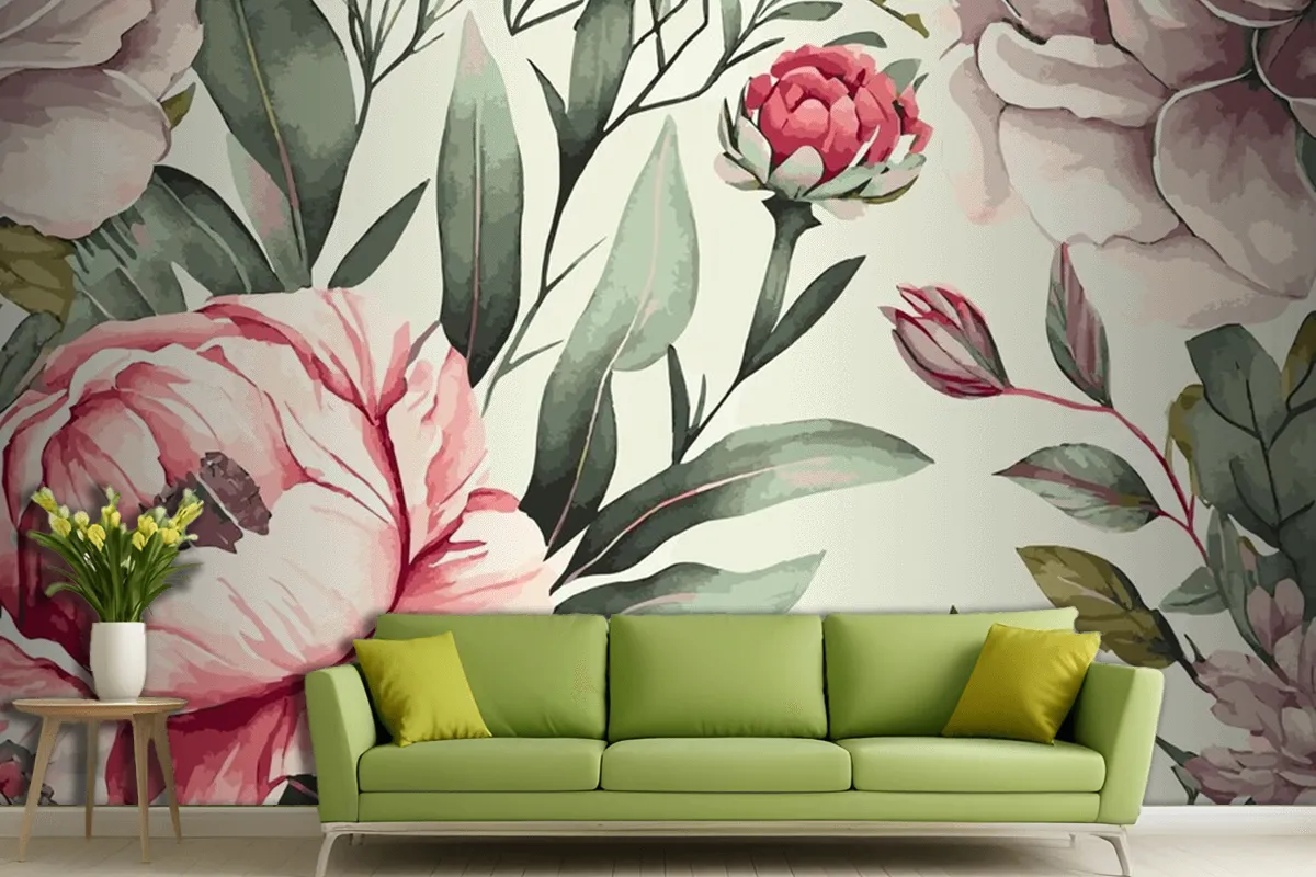 Abstract Floral Art Background Template Botanical Watercolor Hand Drawn Flowers Wallpaper Mural