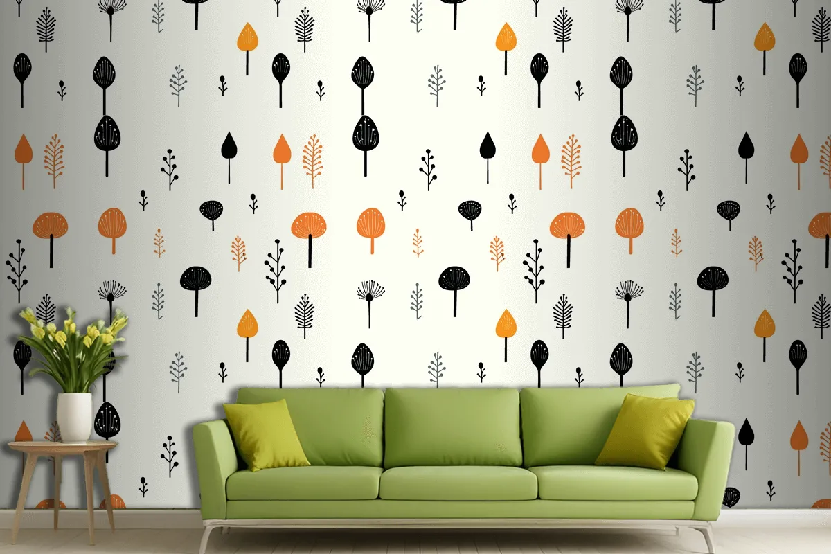 Black Mushroom And Leaf Pattern On A White Living Room Wallpaper Mural