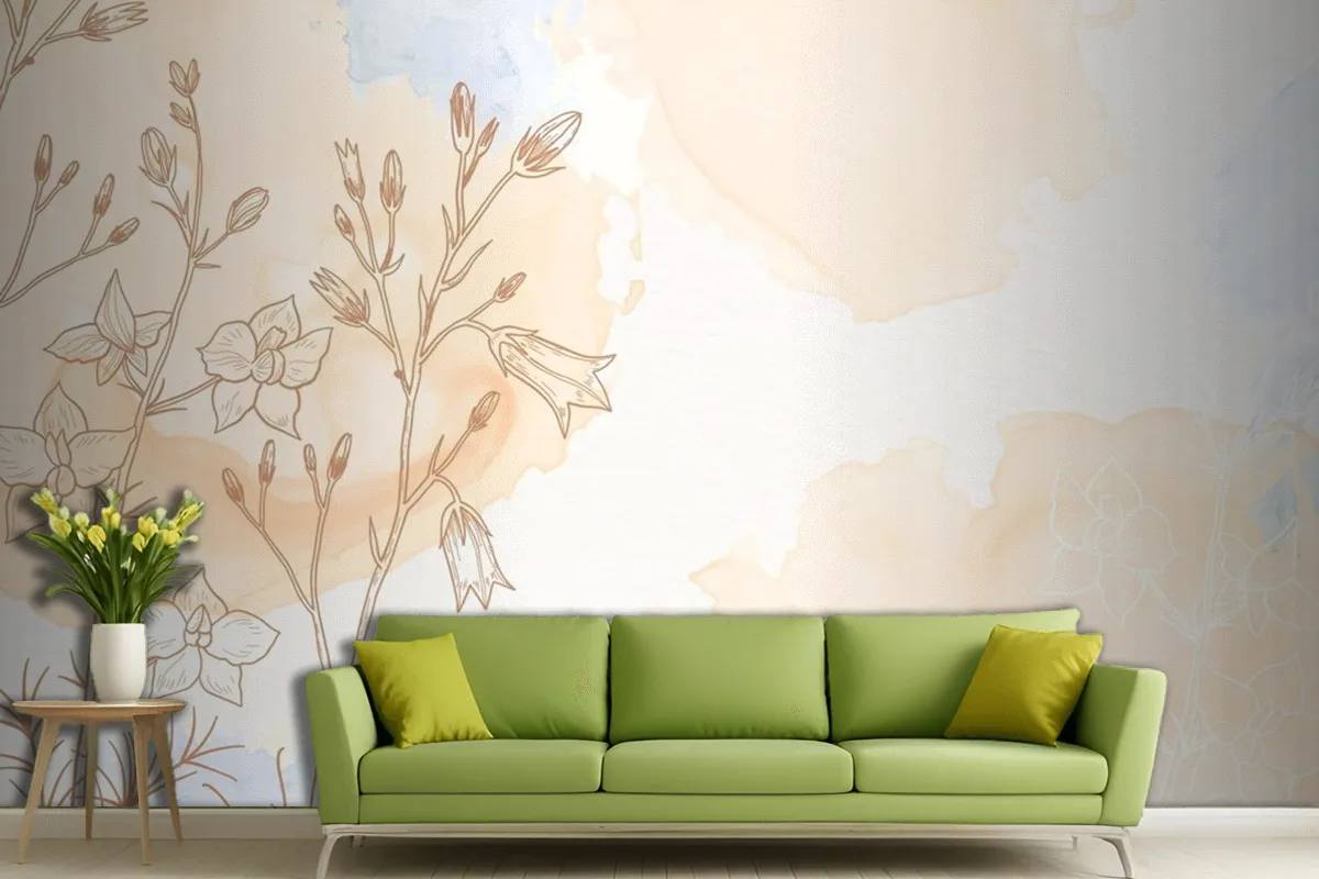 Cream Powder Pastel With Hand Drawn Flowers Living Room Wallpaper Mural