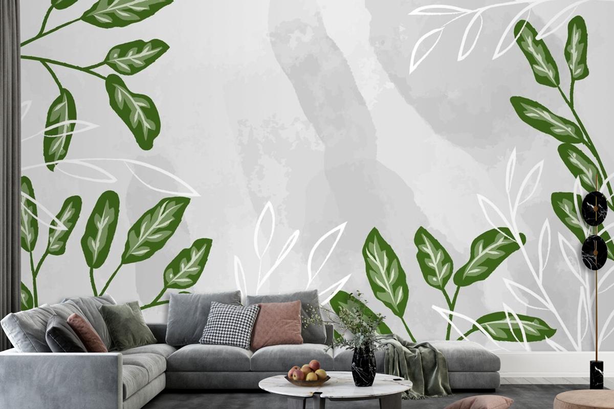 Detailed Leaves With Watercolor Living Room Wallpaper Mural