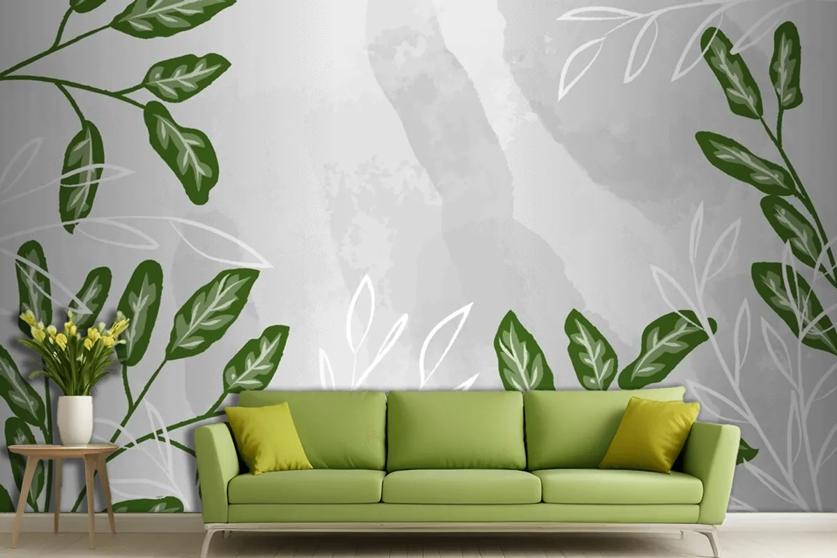 Detailed Leaves With Watercolor Living Room Wallpaper Mural