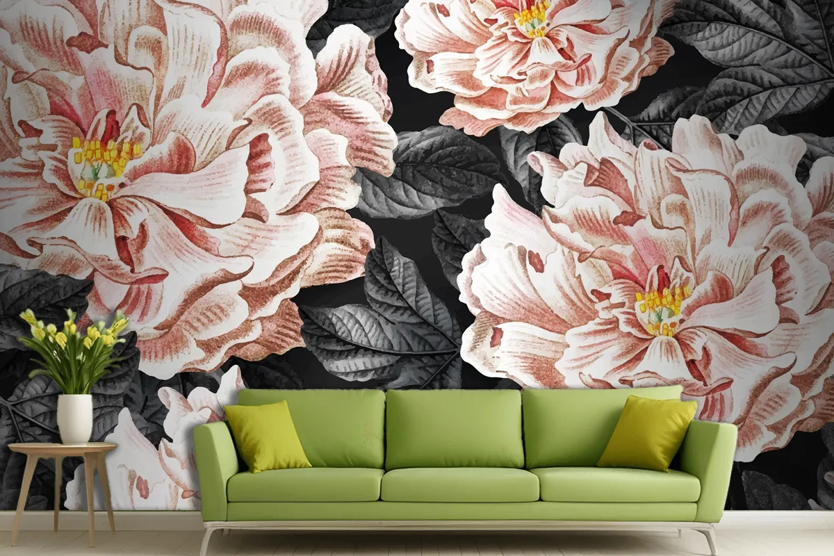 Floral Blooming Peony Living Room Wallpaper Mural