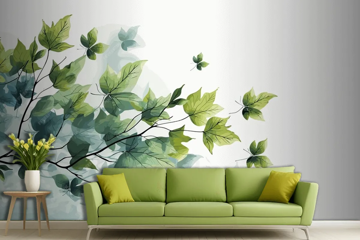 Fresh Baby Spinach Leaves On White Marble Living Room Wallpaper Mural