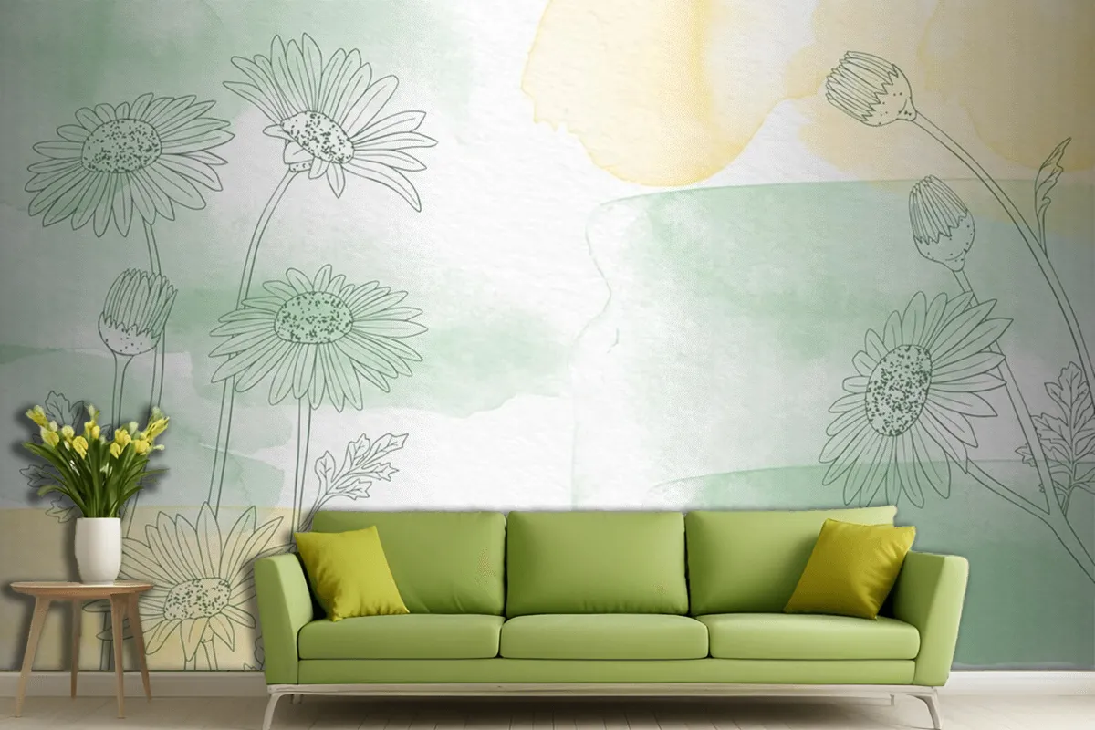 Hand Painted Background With Drawn Flowers Living Room Wallpaper Mural