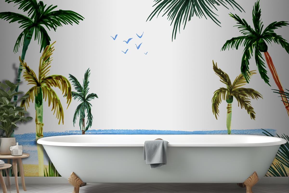 Hand Painted Watercolor Summer Bathroom Wallpaper Mural