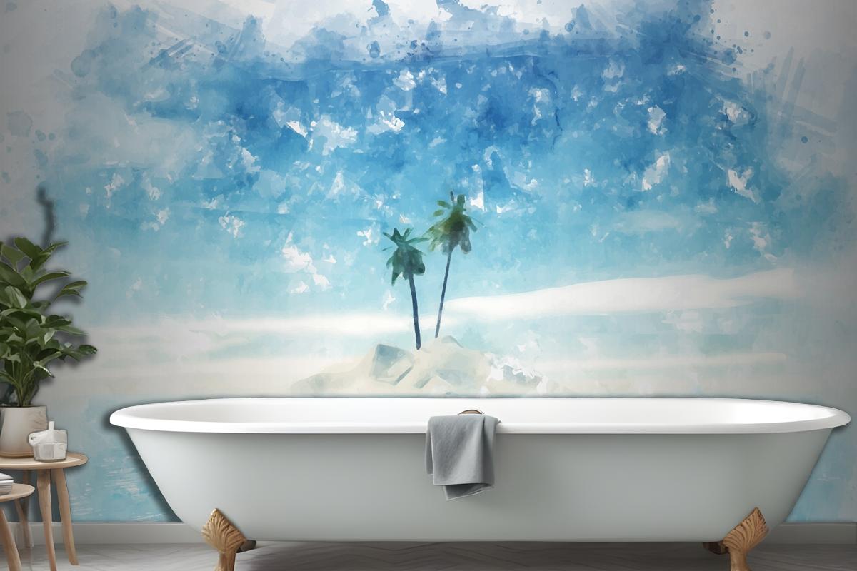 Hand Painted Watercolour Summer Palm Tree Island Wallpaper Mural