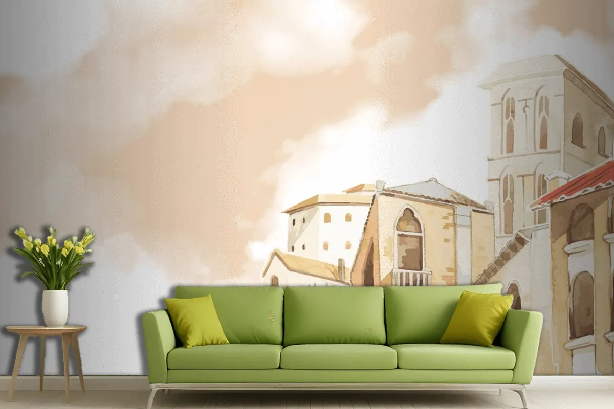 Mediterranean City Building Exterior Water Color Style Living Room Wallpaper Mural