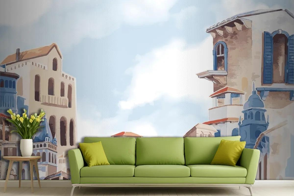 Mediterranean City Building Exterior Water Color Style Wallpaper Mural