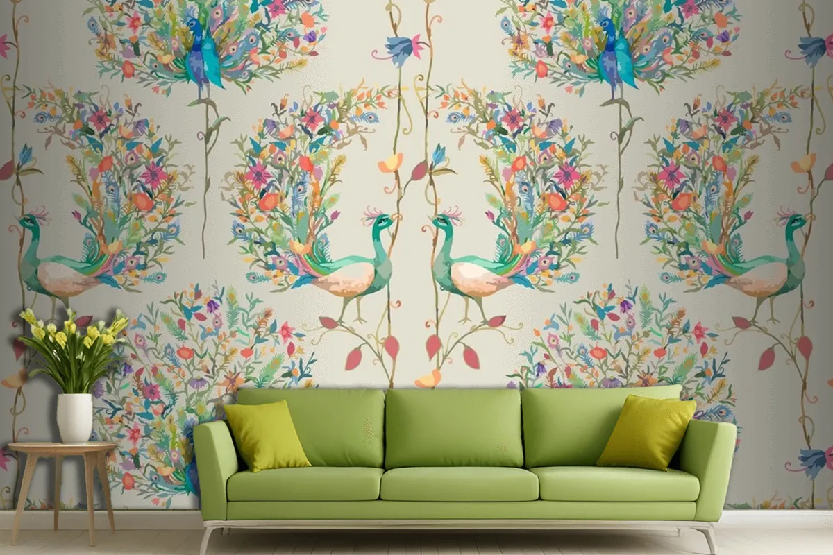 Pattern Background With Watercolor Peacock And Flower Living Room Wallpaper Mural