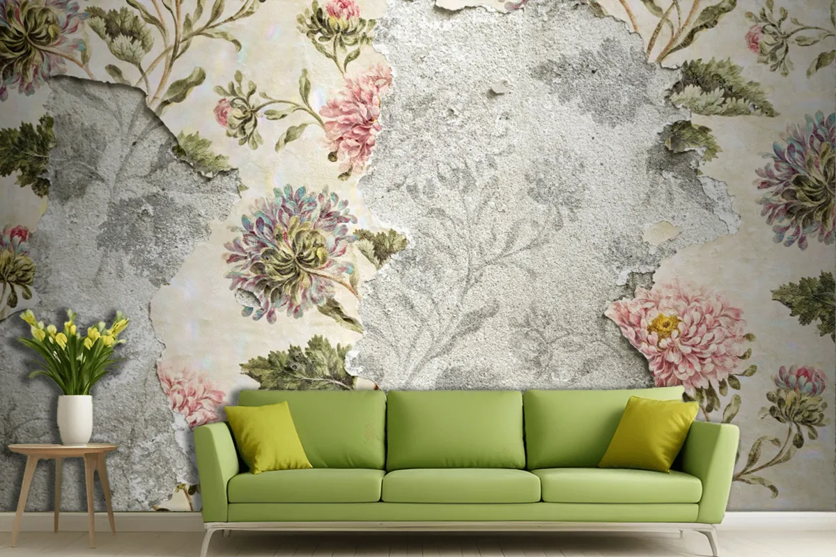 Peeling Floral Wallpaper On Concrete Wallpaper Mural