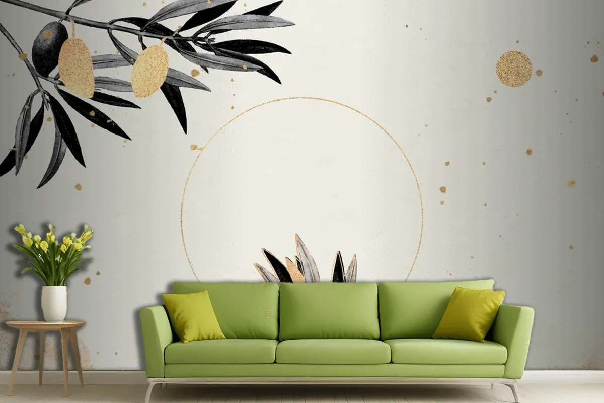 Round Gold Frame With Olive Branches Living Room Wallpaper Mural