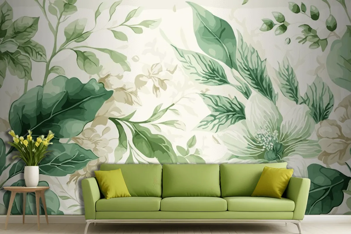 Seamless Watercolor Green And Beige Floral Pattern Living Room Wallpaper Mural