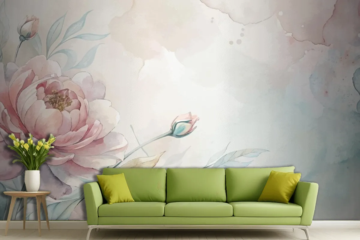 Soft Pastel Floral Watercolor Living Room Wallpaper Mural