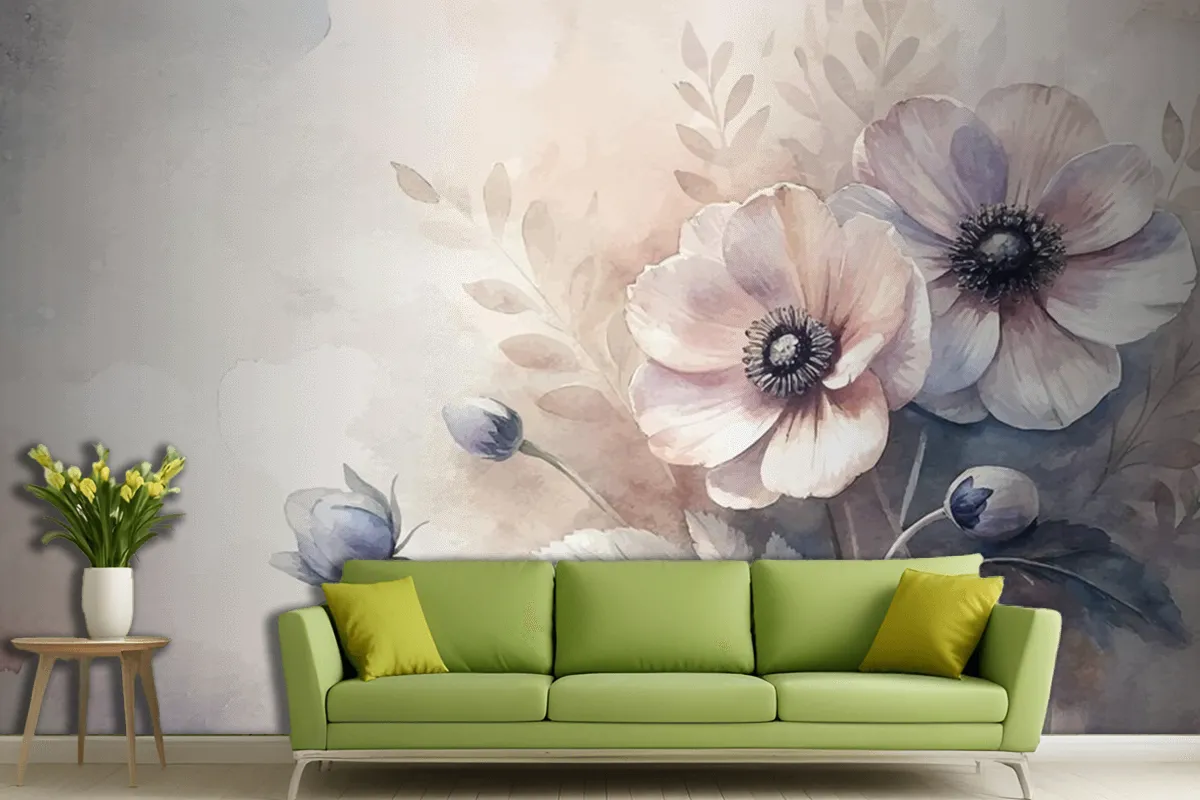 Vintage Anemones Flower Watercolor Background Living Room Wallpaper Mural