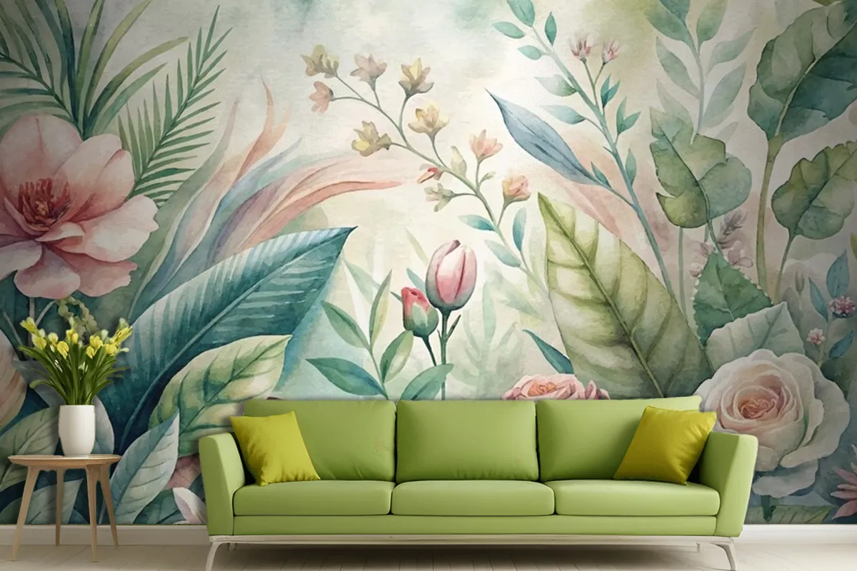 Watercolor Backgrounds Of Various Botanicals And Flowers Living Room Wallpaper Mural