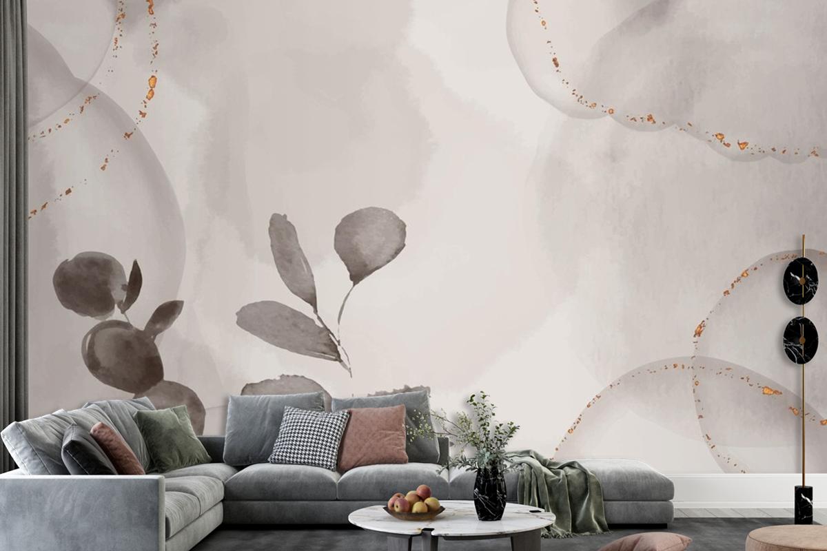 Watercolor Hand Drawn Background With Leaves Living Room Wallpaper Mural