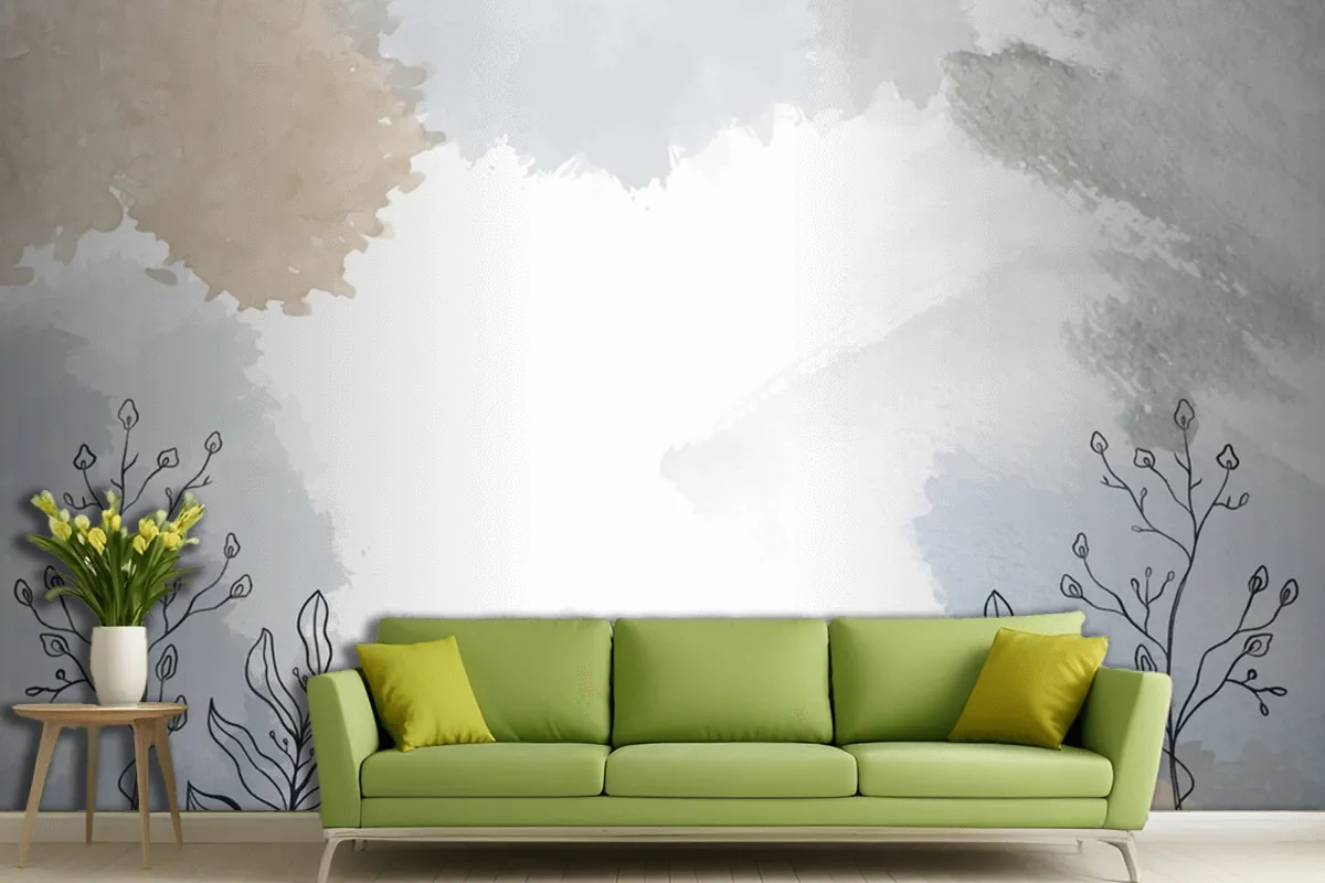 Watercolor Hand Drawn Background With Plants Living Room Wallpaper Mural