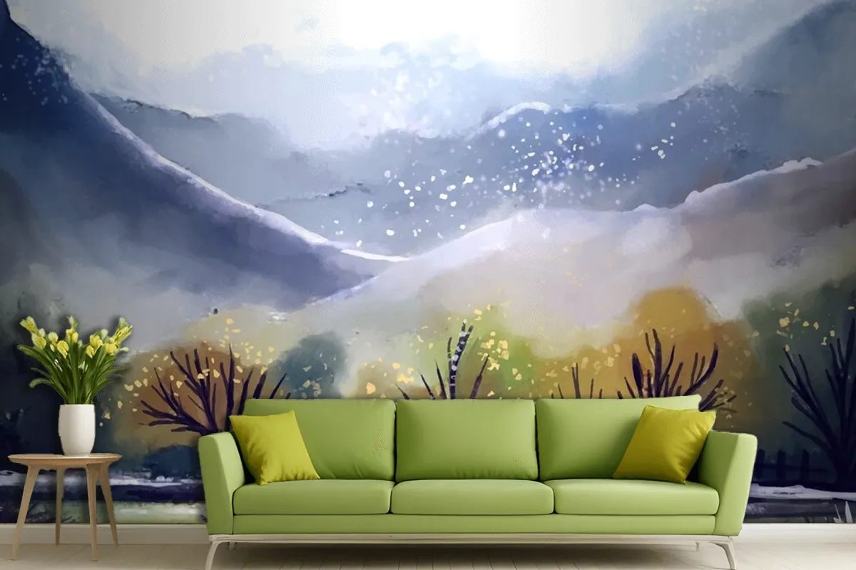 Watercolor Mountain Landscape Living Room Wallpaper Mural