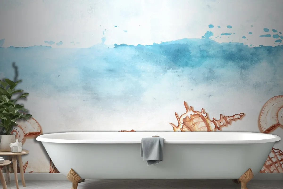 Watercolor Summer Background With Shells Wallpaper Mural