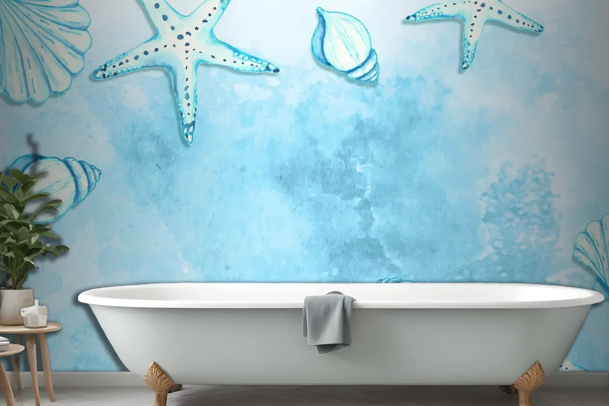 Watercolor Summer Background With Starfish And Shells Wallpaper Mural