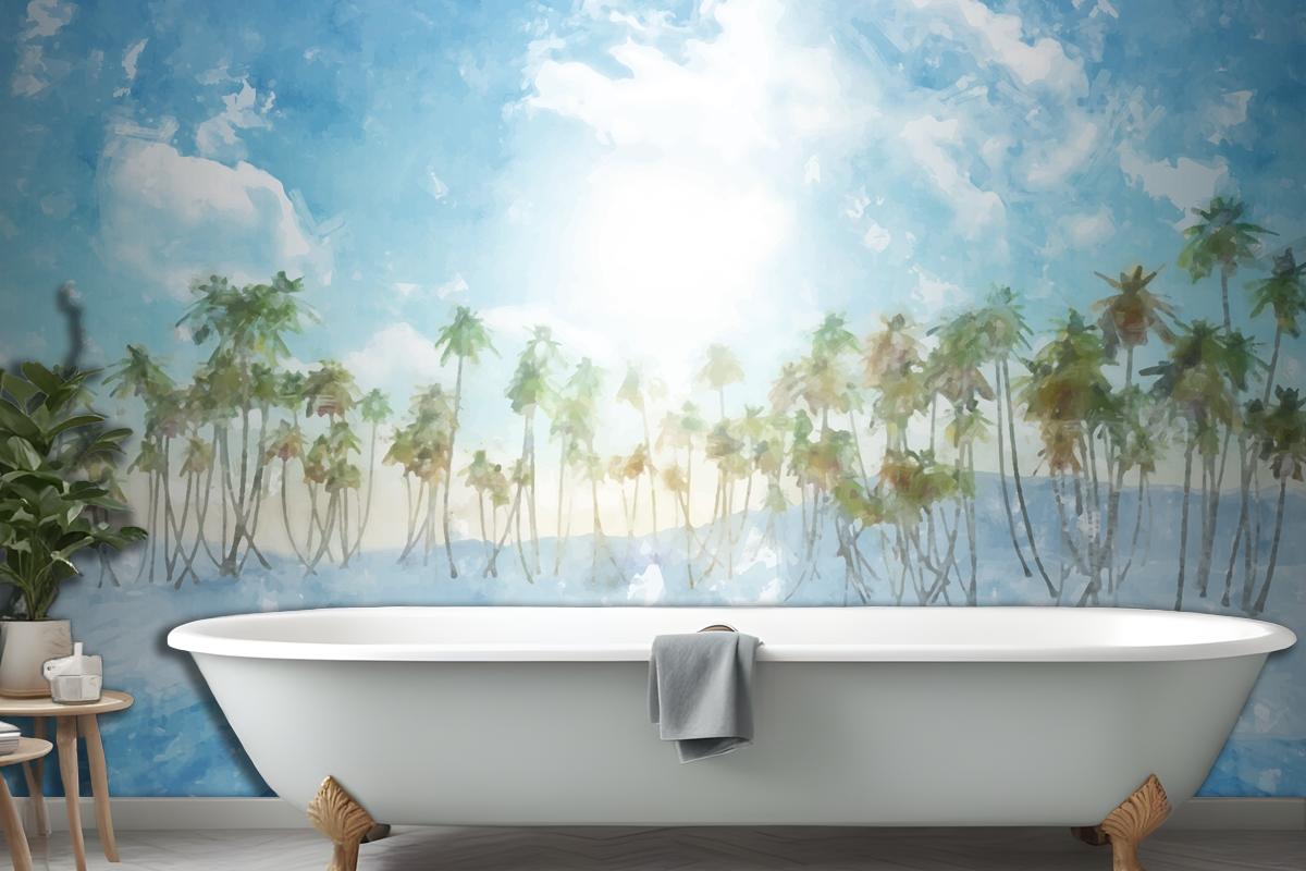 Watercolor Summer Tropical Background Bathroom Wallpaper Mural