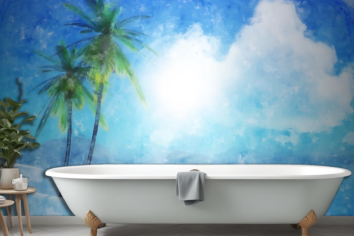 Watercolor Summer Tropical Bathroom Wallpaper Mural