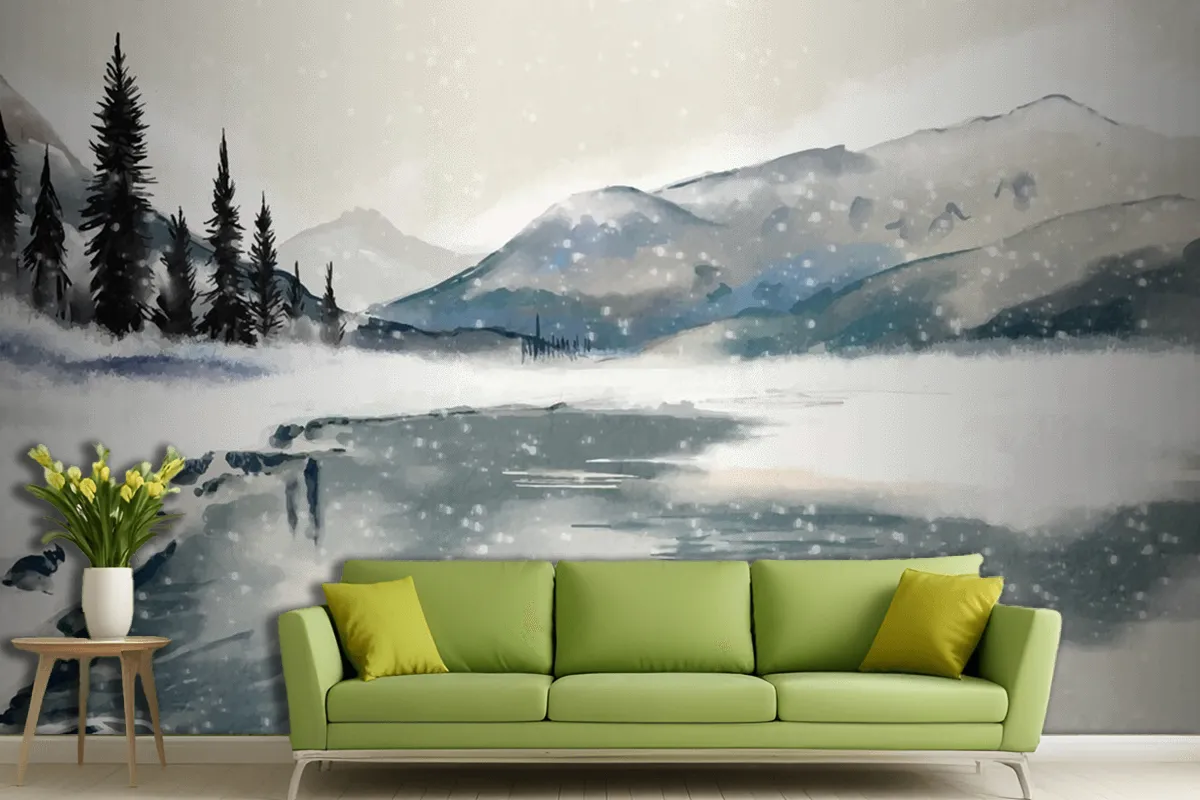 Watercolor Winter Landscape Living Room Wallpaper Mural