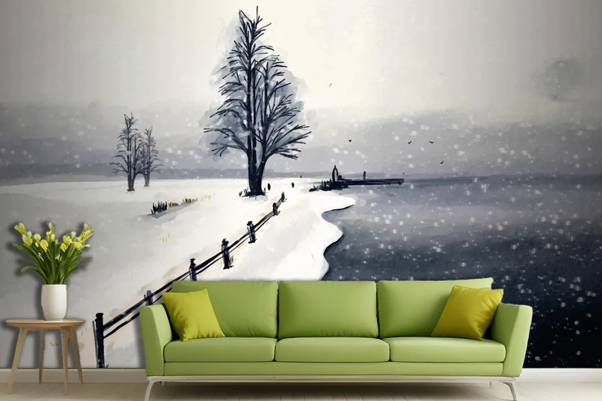 Watercolor Winter Landscape Wallpaper Mural