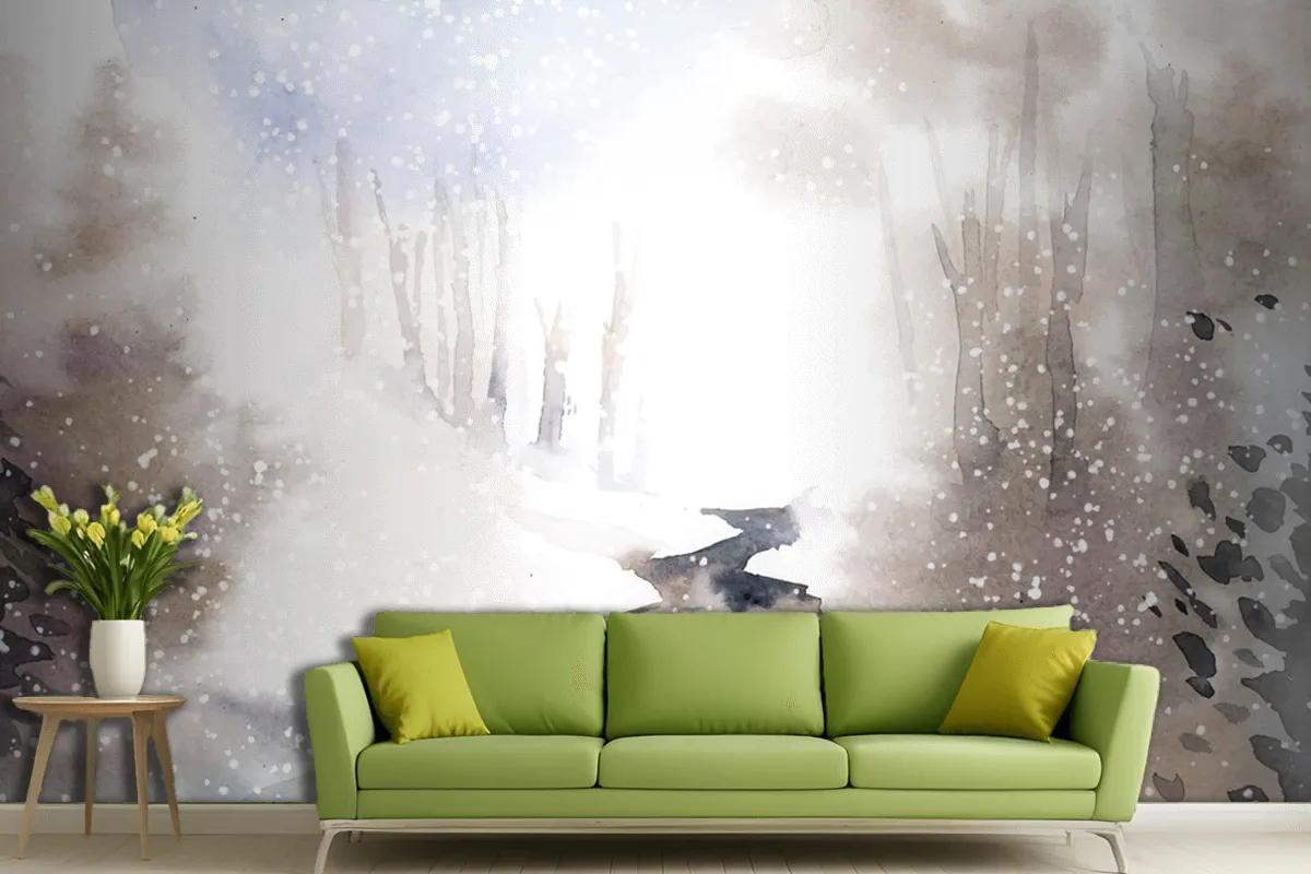 Winter Wonderland Landscape Painted By Watercolor Living Room Wallpaper Mural