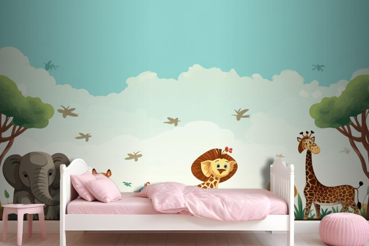 A Cartoon Of Giraffes And Giraffes In A Field With Animals Wallpaper Mural